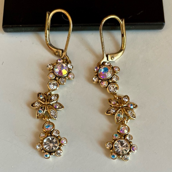 Vintage Joan Rivers Gold Plated Flower Drop Earrings With AB Swarovski Crystals - Picture 3 of 6